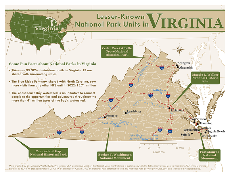 map of National Park units in Virginia